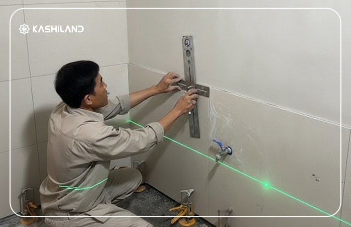 استفاده از تراز لیزری برای نصب سرامیک بر روی دیوار گچی