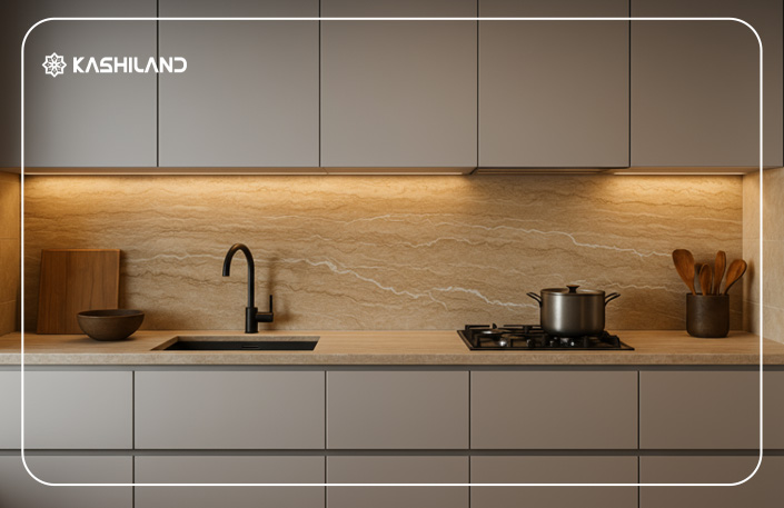کاشی بین کابینتی سنگی تراورتن با رگههای سفید