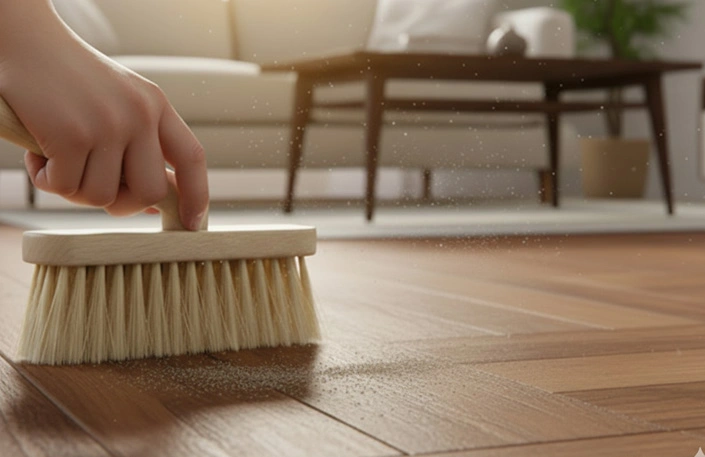 تمیز کردن لکههای گرد و غبار از روی سرامیک طرح پارکت با استفاده از برس نرم