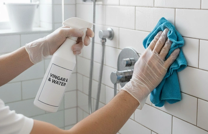 محلول رقیق سرکهی سفید برای تمیزکردن لکههای آب و رسوبات آهکی از روی سرامیک سفید