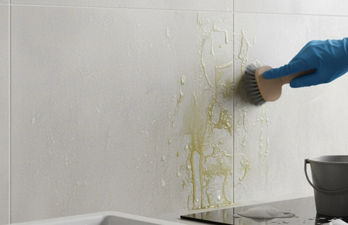 چربی و روغن چسبیده به سرامیک سفید پشت گاز رومیزی آشپزخانه